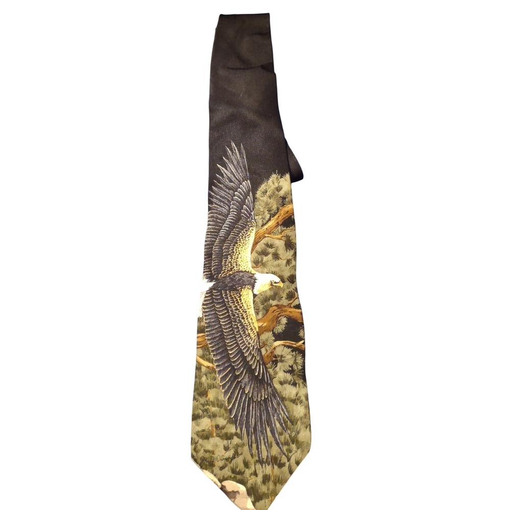 Endangered Species Silk Tie Bald Eagle Nature Graphic Black Green Made in US